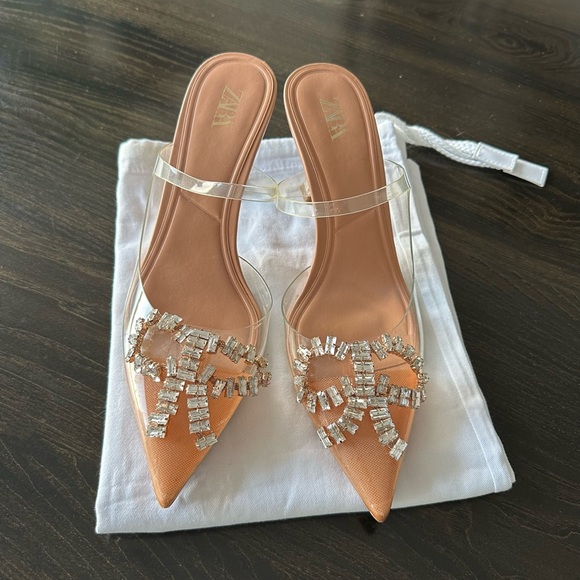 Zara Shimmery Heeled Vinyl Mules with Sparkly Bow Details sz 39 - Picture 6 of 7